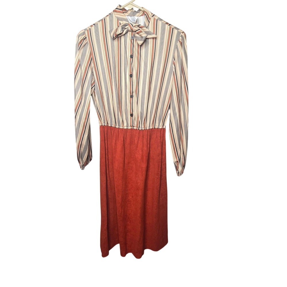 Vintage JCPenney Midi Dress Womens Size 10 Rust Orange Striped Bow Neck Retro